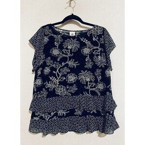 Cabi Top Womens Large Black Blue Floral Flutter Sleeve Ruffle Flowy Boho 5355